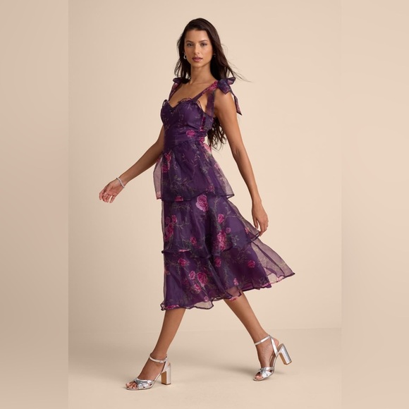 NWT Fairytale Cutie Purple Floral Tie-Strap Tiered Midi Dress Sz XS, S - Picture 10 of 16